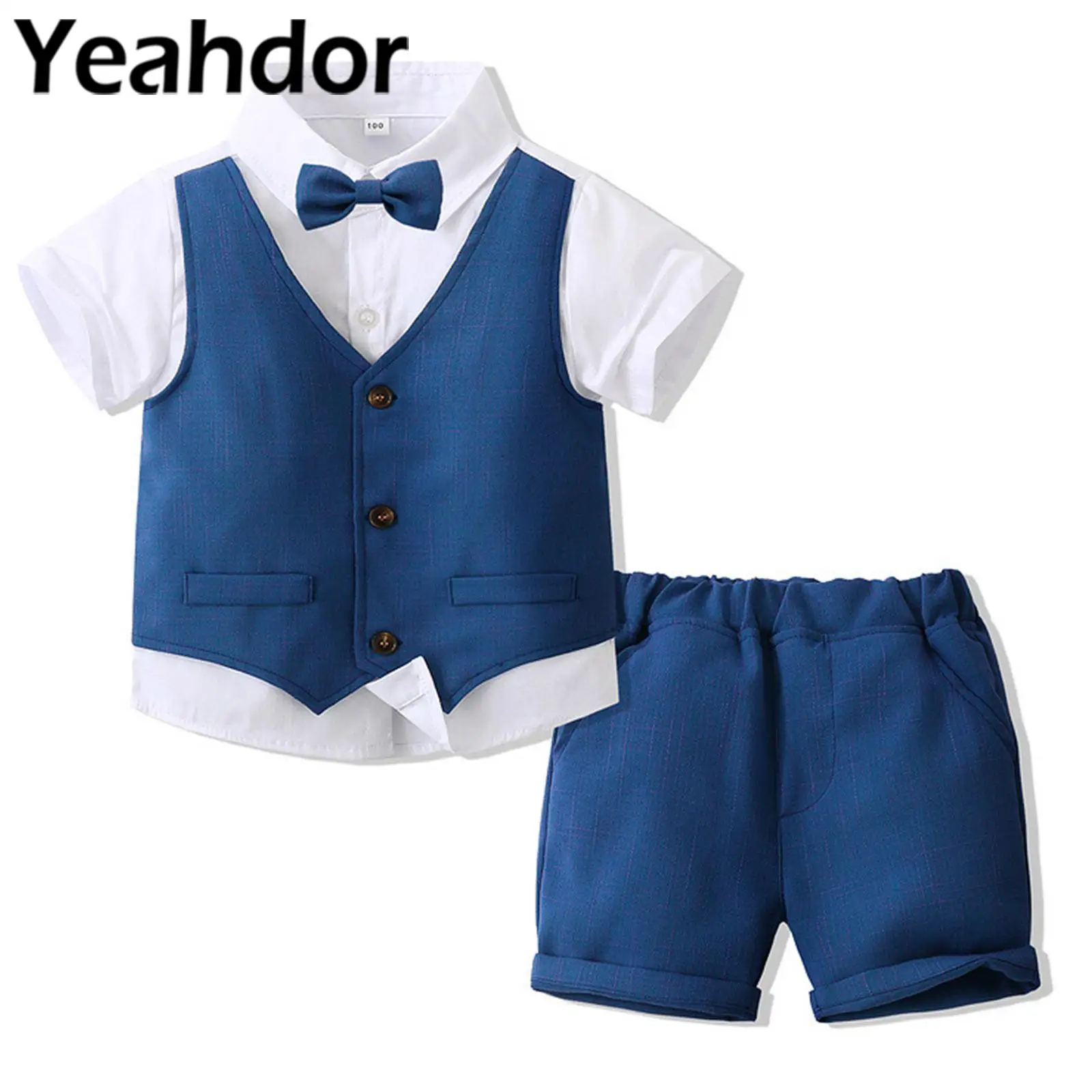 Kids Gentleman Outfit Childs Baptism Wear Short Sleeve Shirt with Vest Shorts Boy's Wedding Suit for Birthday Party Christening