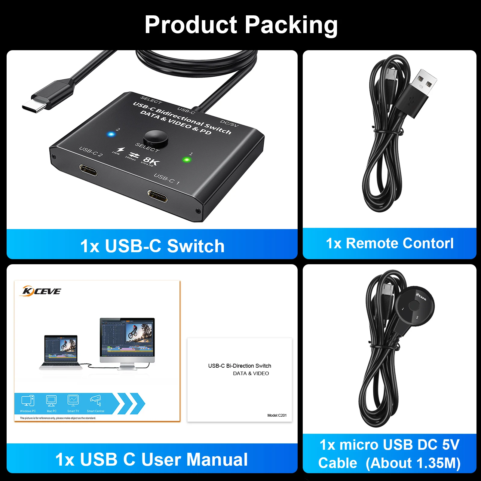  KVM   ó, ǻ   ҽ, USB C Ÿ ø, 100W, 2x1, 1x2, 8K