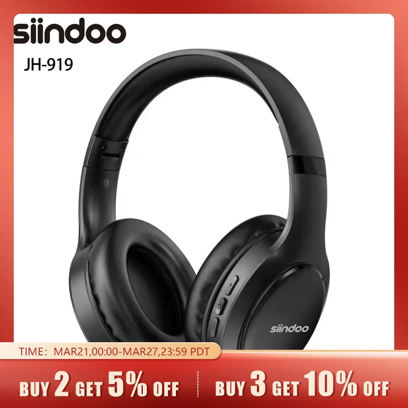 Siindoo JH919 Wireless Bluetooth Headphones Foldable Stereo Earphones Super Bass Noise Reduction Mic For Laptop PC TV