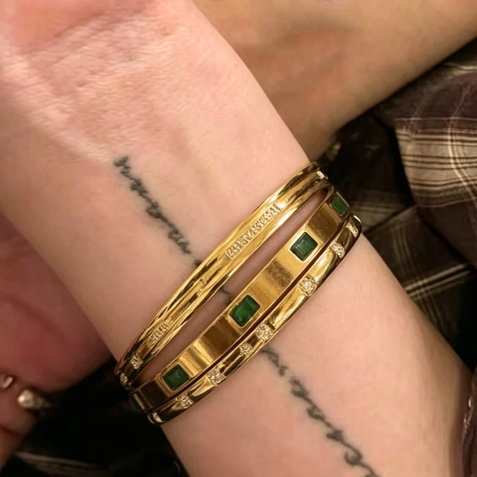 Yupsk 1/3pcs Gold Color Stainless Steel Bracelet Set for Women Shiny Geometric Green Zircon Bangle Stacked Jewelry Gifts 2