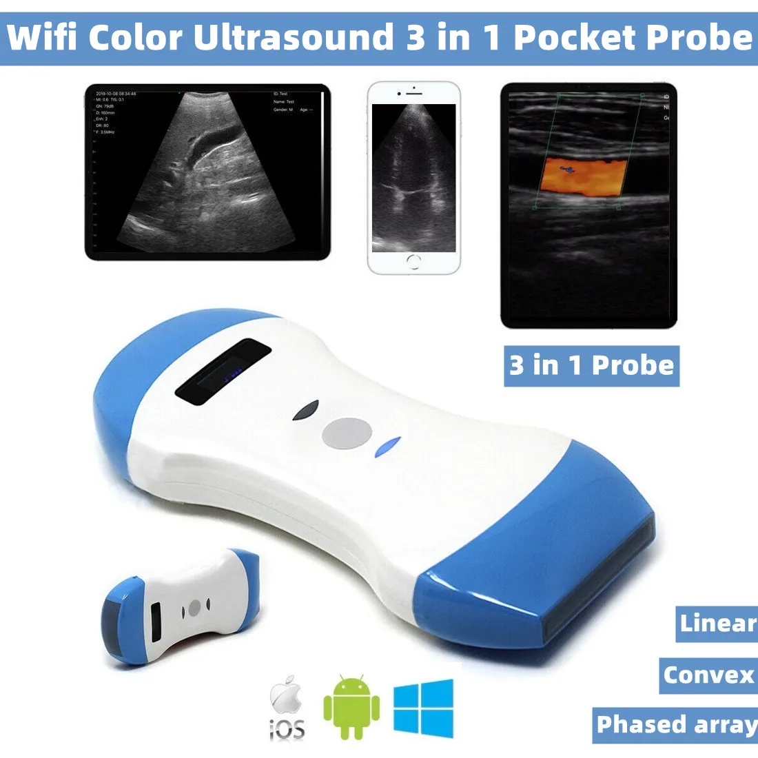 

Wifi Wireless Color Ultrasound 3 in 1 Probe 3.5MHz / 5MHz Convex / 7.5MHz Linear Probe support iOS Android Windows