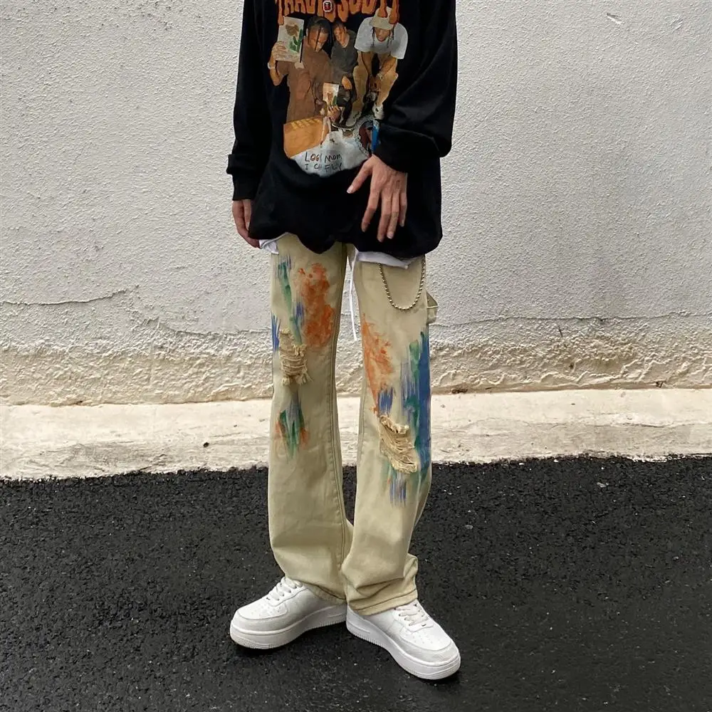 

Trousers with Holes Man Cowboy Pants Broken Torn Men's Jeans Straight Hip Hop Ripped Goth Washed Original Y 2k Vintage Y2k Denim