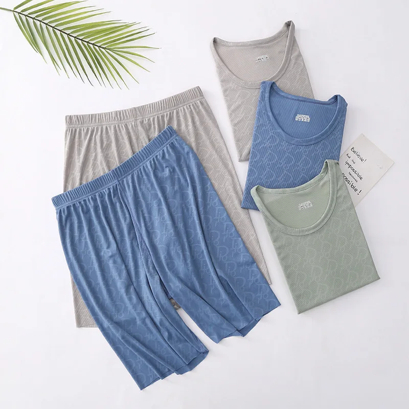 

Men's new ice silk pajamas summer short sleeve Shorts Set light and breathable round neck Pullover home clothes loose size L-6XL