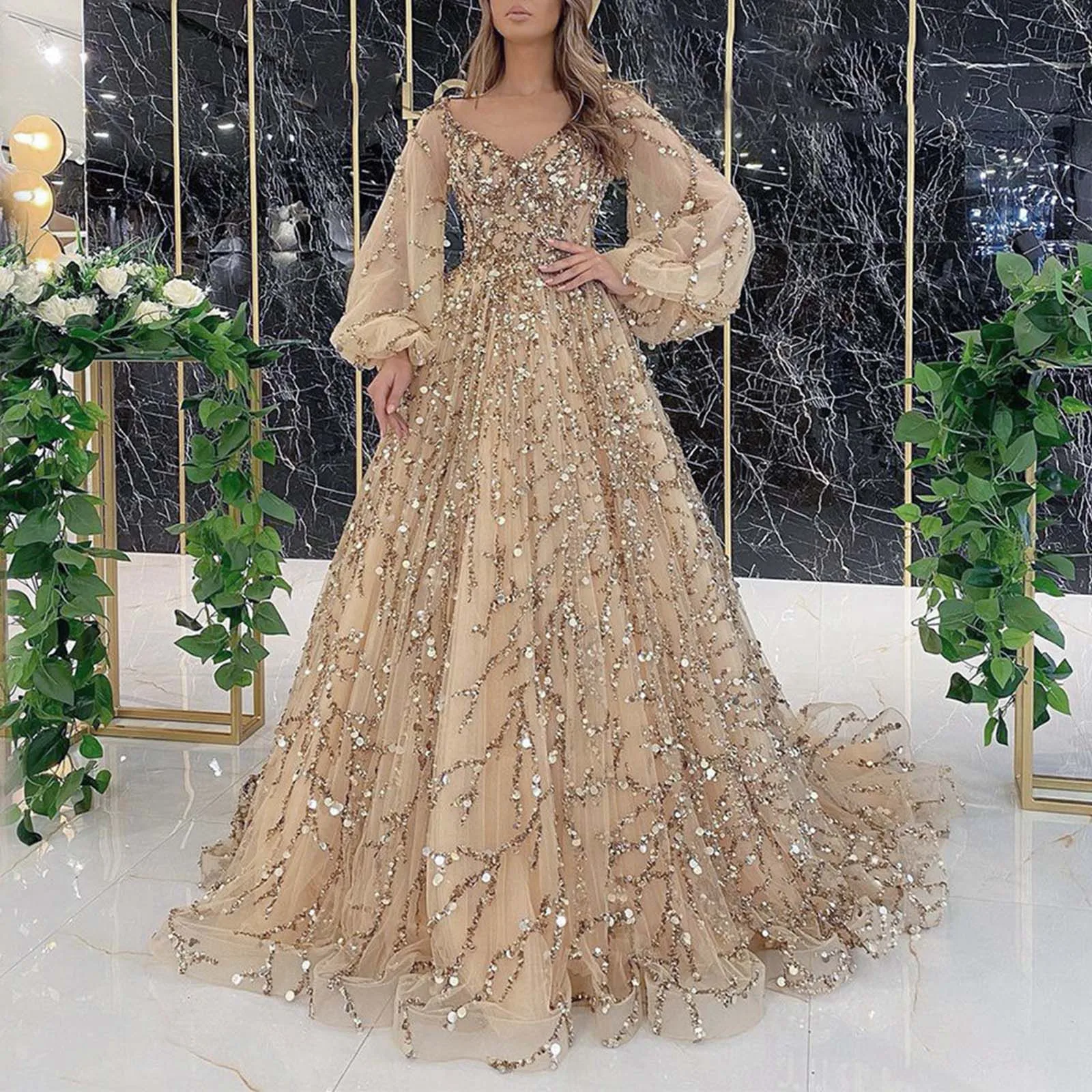 

Женское платье с блестками и вышивкой, элегантное женское официальное платье с рукавами-фонариками и V-образным вырезом, платье до пола с высокой талией