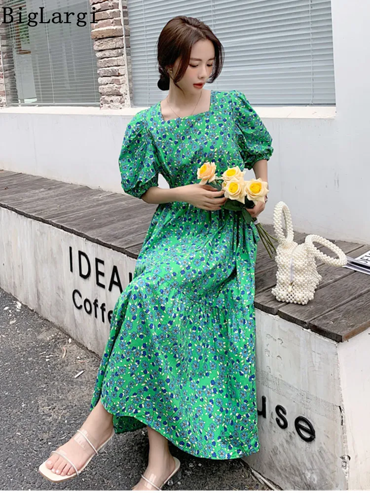 Oversize Print Floral Puff Sleeve Dress Women A-Line Green Maxi