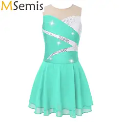 Kids Girls Ballet Lyrical Dance Costume Sleeveless Round Neckline Shiny Sequin Rhinestone Hollow Back Figure Skating Dance Dress