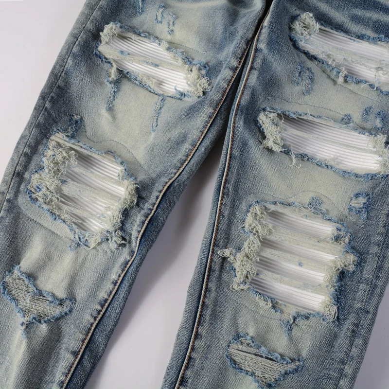 High Street Fashion Men Jeans Retro Blue Stretch Skinny Fit Ripped Jeans Men Leather Patched Designer Hip Hop Brand Pants Hombre