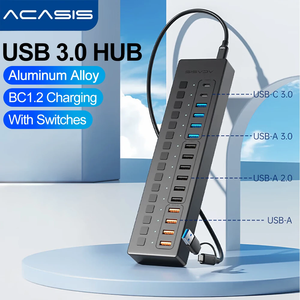 Hub USB Alimenté Intpw 10 Ports USB 3.1 Avec Transfert De Données 10 Gbps, Répartiteur USB En