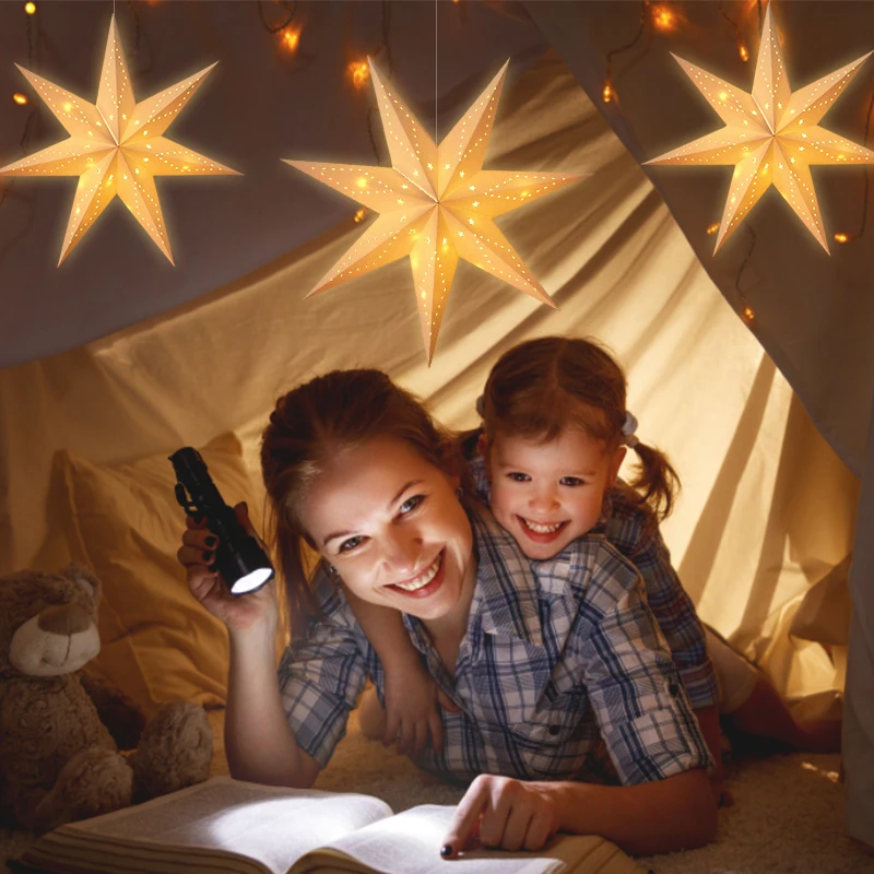 35/43/58cm Hollow Out Star Window Grille Home Bedroom Night Light Paper Lampshade Garden Hanging Pendant Wedding Ramadan Decor
