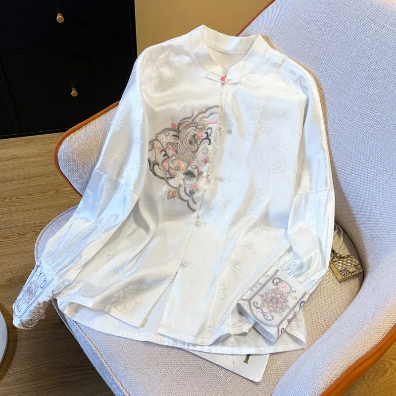 

Женские атласные рубашки в китайском стиле, шелковые блузки с вышивкой, винтажная одежда, свободные топы с цветочным принтом для весны и лета YCMYUNYAN