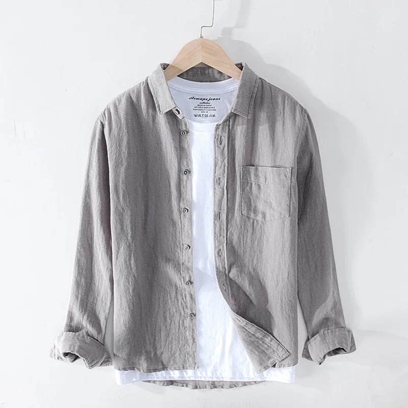 Long Sleeve Shirt Pure Linen Shirts for Men Long Sleeve Casual Turn-down Collar Basic Classic Tops Male Fashion Solid Color Retro Clothing