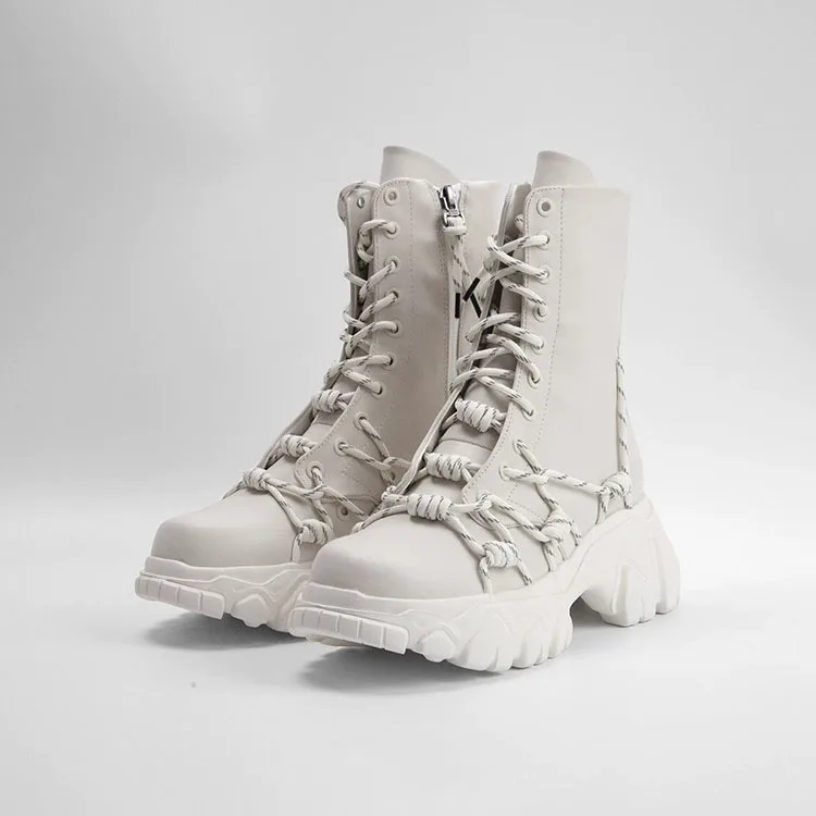 

White Heighten Thick Sole Short Boots Patent Leather Slimming Lace-Up Botines Dental Reflective Knee-High Motorcycle Botas