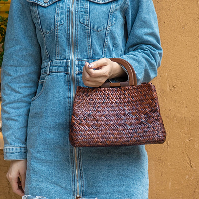 Portable Fashion Straw Bag Beach Summer Garden Style Woven Bag Women Korean Wooden Handle Handbag Zipper Bag