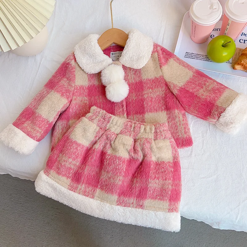 

Korean Winter Children Girl 2PCS Clothing Set Cotton Fleece Ball Button Hairy Collar Coat Outfit Thick Plaid Skirt Kid Girl Suit