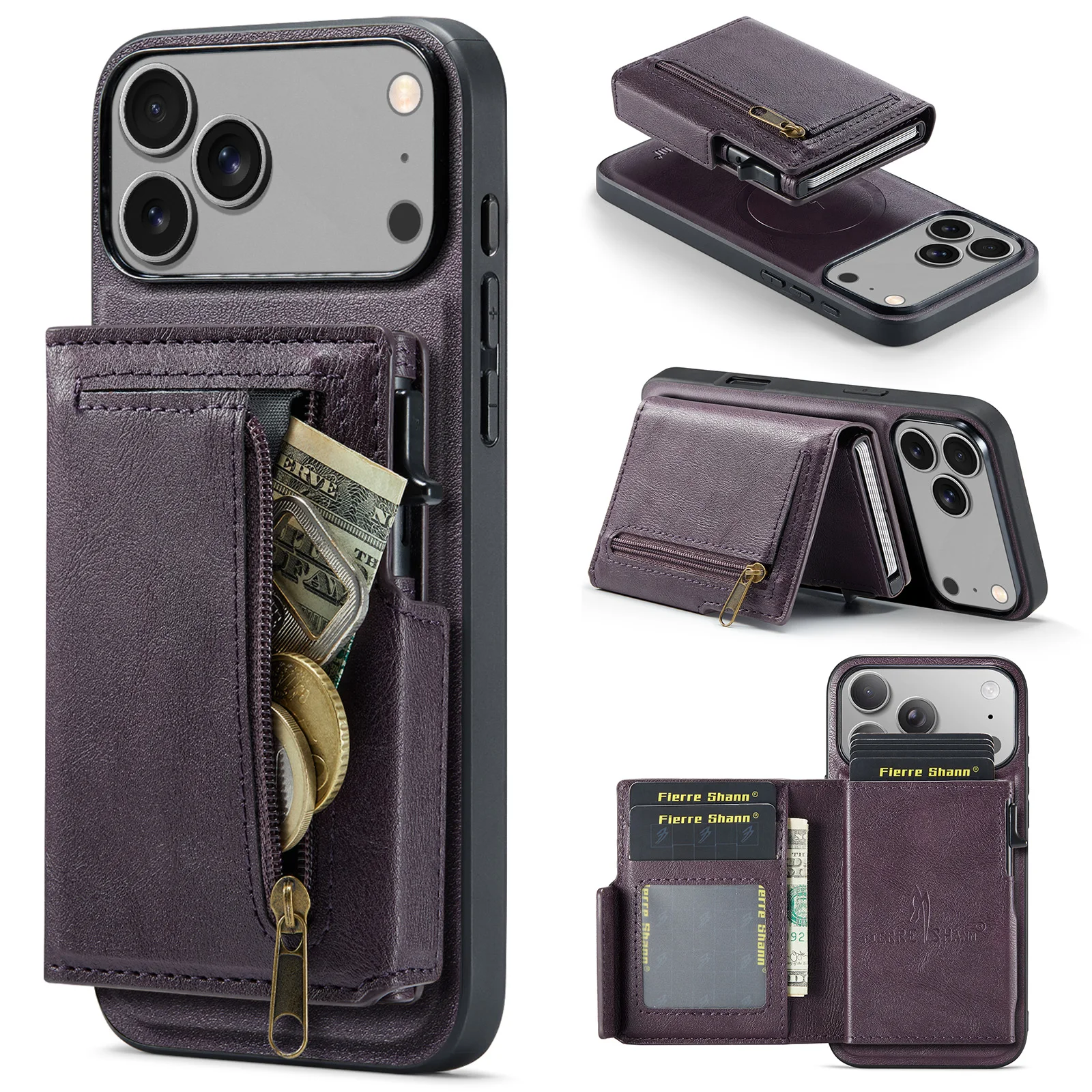 Dual-Purpose Wireless Charging Faux Leather Phone Case with Key Card Slot
