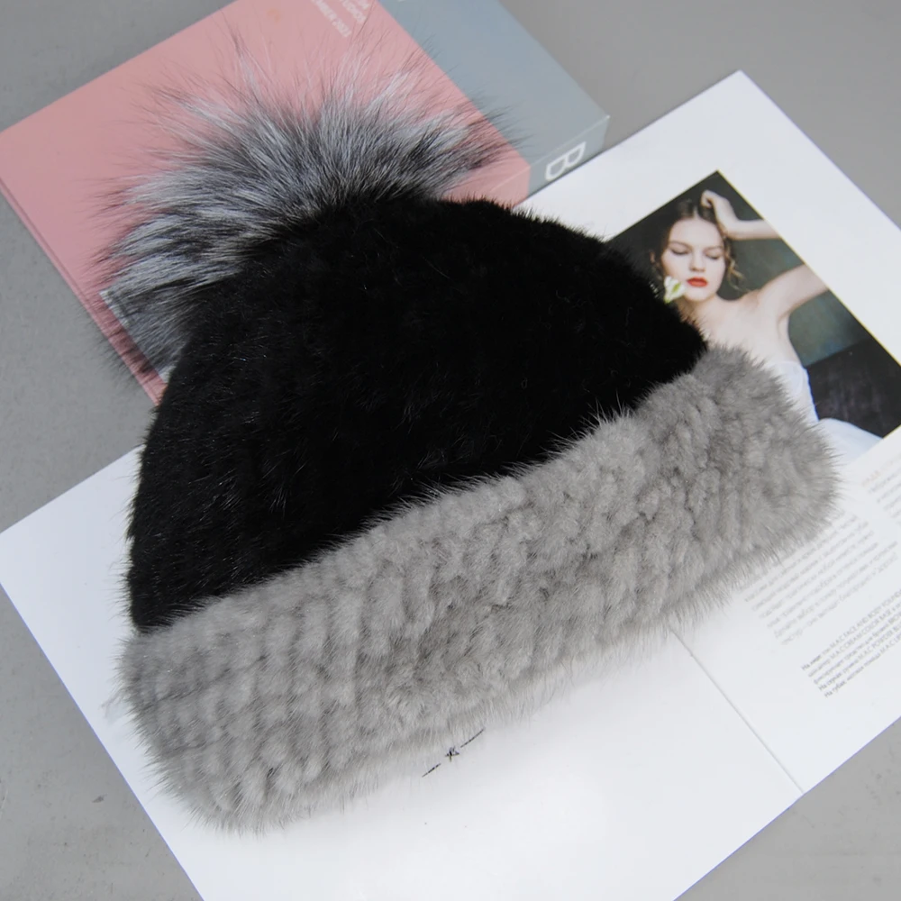 Top Quality Natural Fox Fur Pom Poms Beanie Lady Fashion Women's Winter Knitted Mink Fur Patchwork Real Mink Fur Hat Cap 4