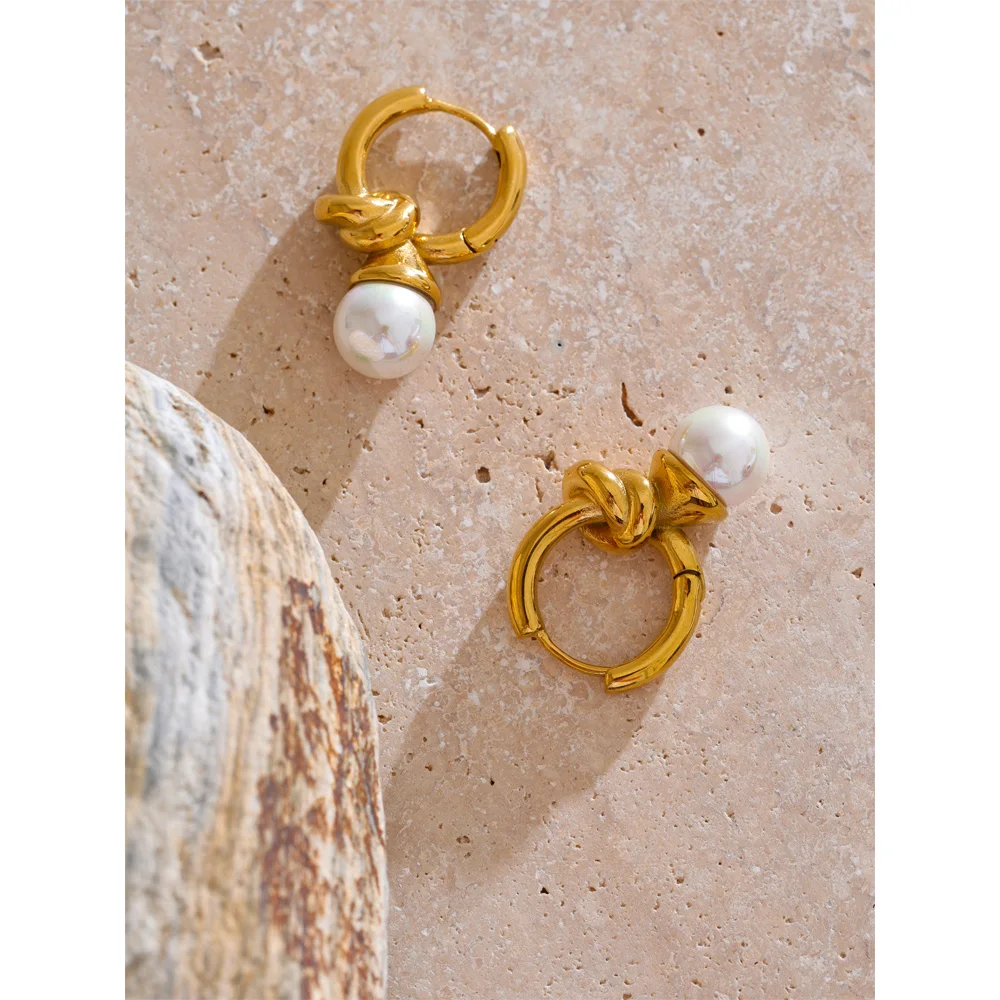 Yhpup Classic Stainless Steel Simulated Pearls Geometric Hoop Earrings