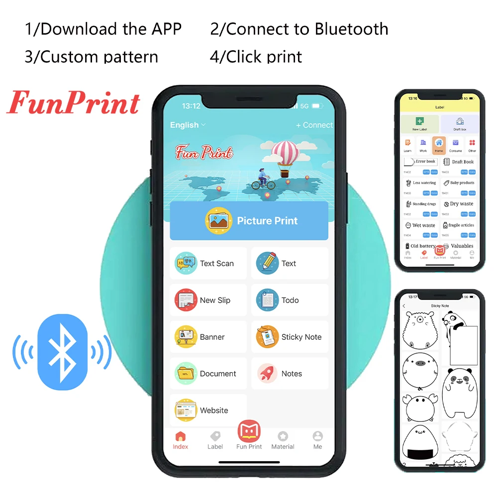휴대용 미니 라벨 프린터 사진 열 접착 라벨 프린터 Inkless Bluetooth 포켓 미니 프린터 스티커 메이커 57MM