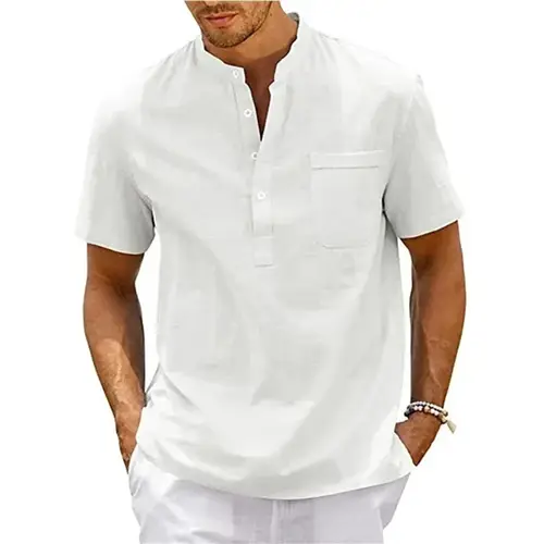 Cotton Linen Shirt Men Henley Neck Pocket Casual Beach Short Sleeve Solid Color Male Tops T-shirts Vintage Streetwear - Image 9