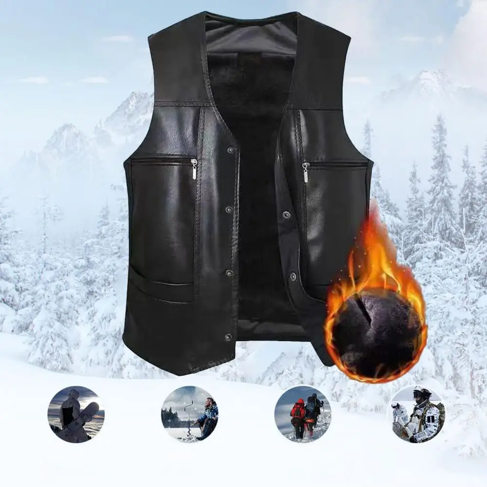 Men Soft Waistcoat Men Faux Leather Vest Stylish Mid-aged Men's Faux Leather V Neck Vest with Plush Lining Multiple for Fall