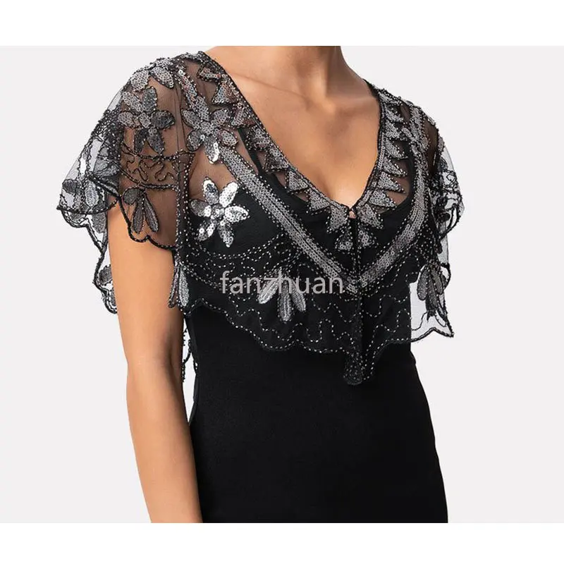 

Women's 1920s Shawl Short Sequin Beaded Evening Cape Bolero Cover Up Capelet Wedding Fringed Gatsby Flapper Dress Accessories