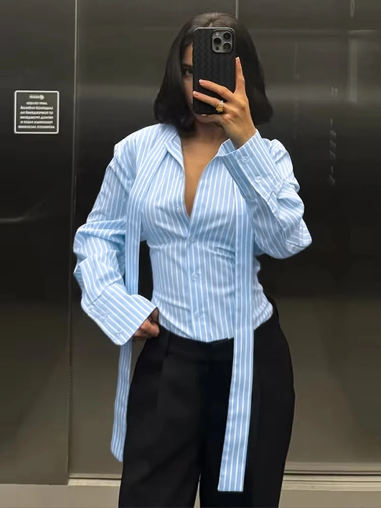 Fashion Women's Shirt Plaid Turn-down Collar Full Sleeve Backless Lace Up Female Shirts 2025 Spring Chic New Lady Street Tops 2