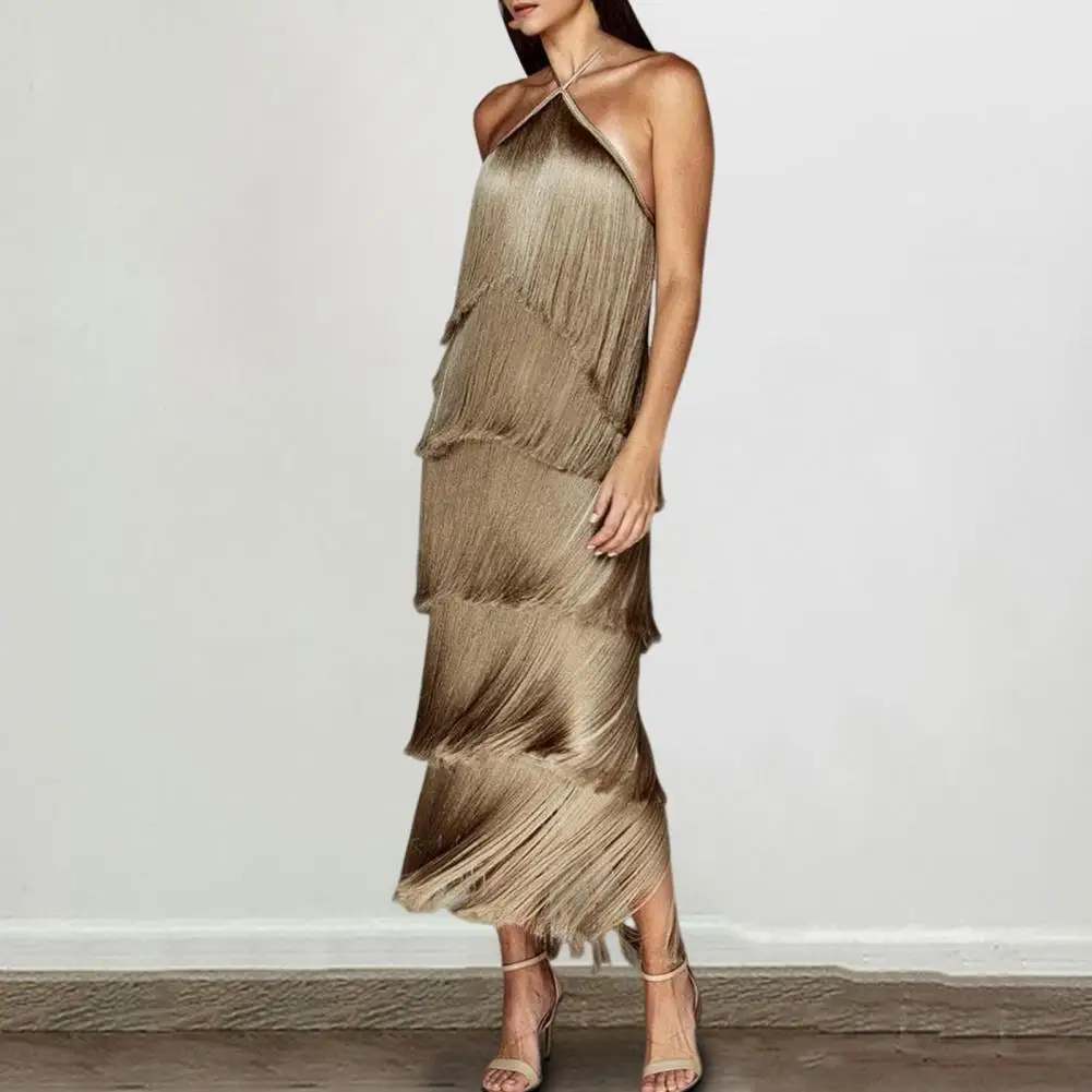 

Prom Fringe Dress Elegant Halter Neck Fringe Maxi Dress for Evening Parties Dance Competitions Proms Off Shoulder Design