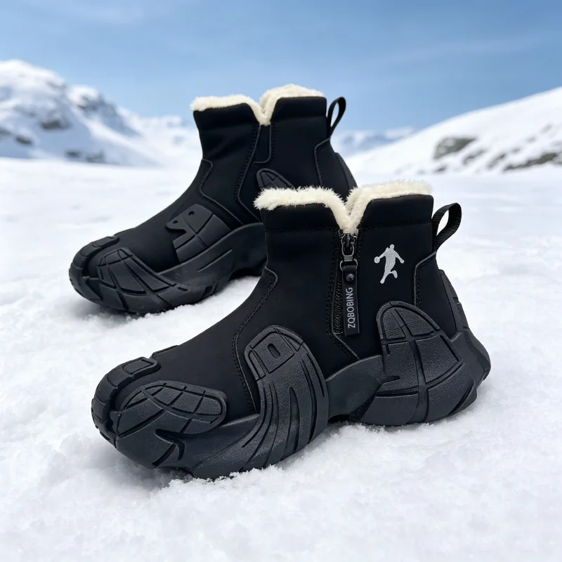 Warm Winter Boots for Men, Sizes 39-47, with Fleece Lining, High-Top, Versatile, Round-Toe, Thick-Soled, Lightweight Cotton Shoes, Trendy Outdoor Snow Boots - 3