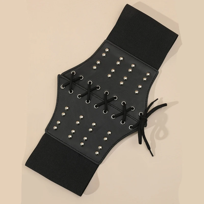 

Gothic Alloy Studs Decor Female Waist Corset Wide Faux-leather Belt Women Fashion Slimming Waistband Elastic Corsets