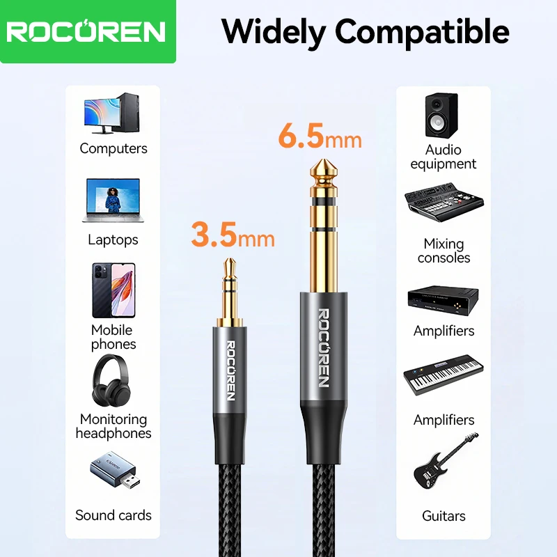 Rocoren 3.5mm 6.5mm 오디오 잭 케이블 컴퓨터 노트북 헤드셋 사운드 카드 핸드폰 DVD 앰프 남성용 오디오 케이블