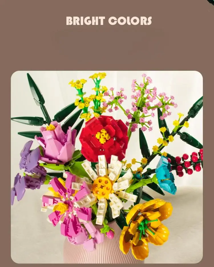 Eternal Rose Sunflower Bouquet Building Blocks, DIY Mini Bricks for Adults, No W