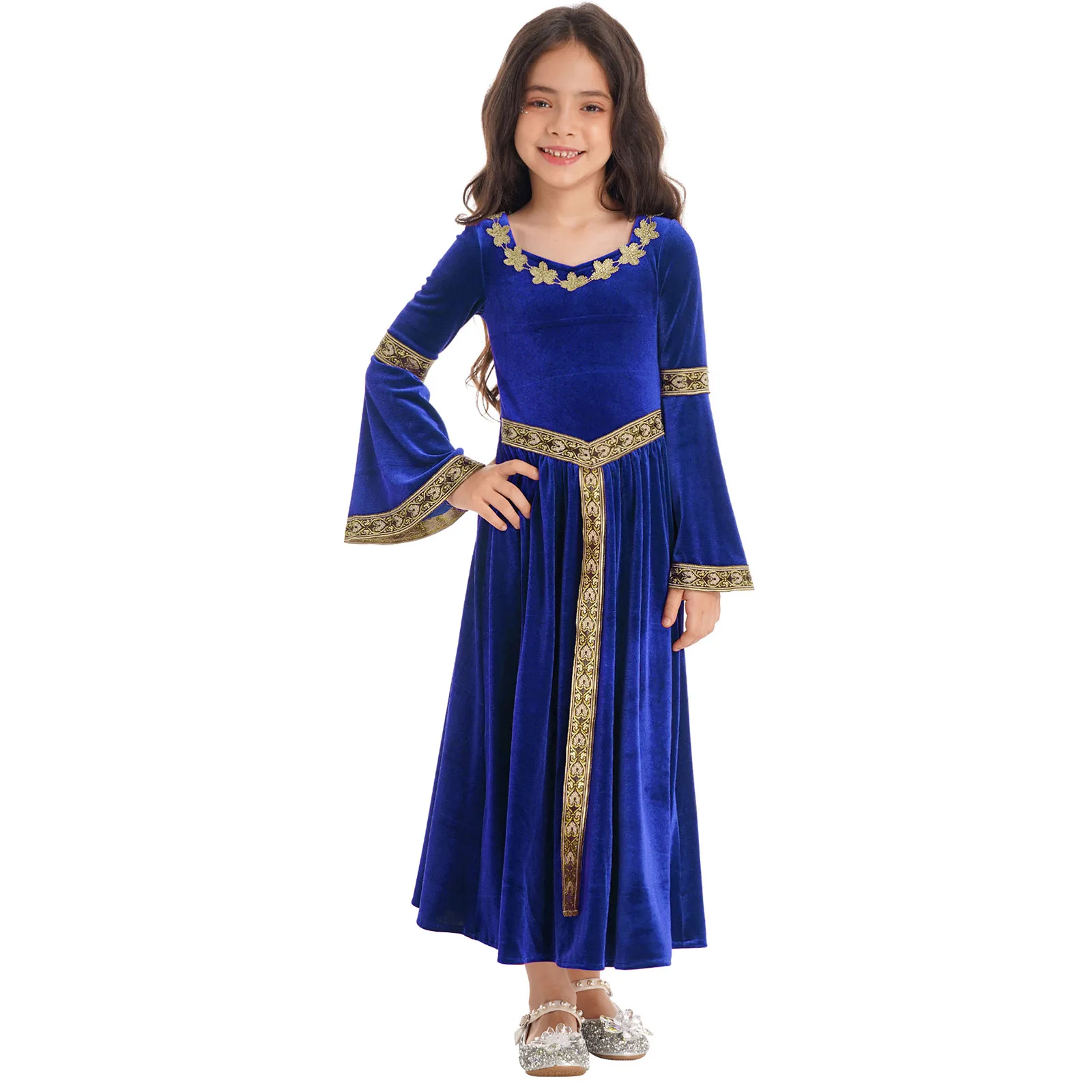 Kids Girls Medieval Princess Queen Velvet Dresses Performance Dancewear for Christmas Halloween Carnival Party Dress Up Costume