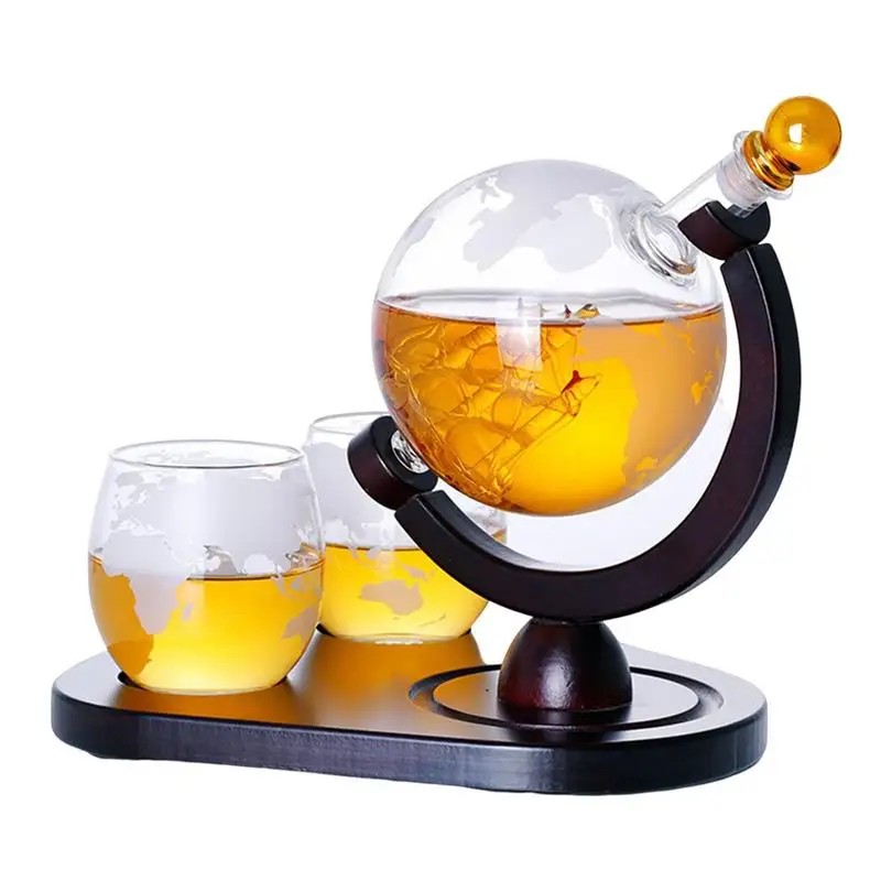 

Whiskey Decanter Globe Set Oval Solid Wood Tray Vodka Decanter Excellent Party Bar Drinkware Man Gift For Anniversary Birthday