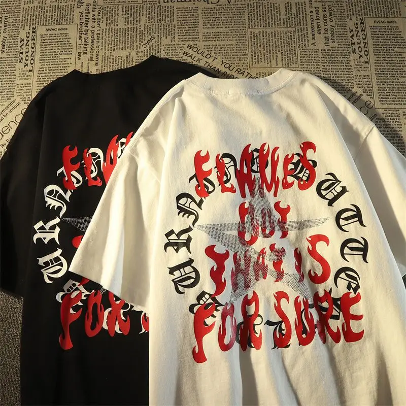 

American street fashion brand hiphop short-sleeved men and women summer flame couple high street half-sleeved tops trendy ins