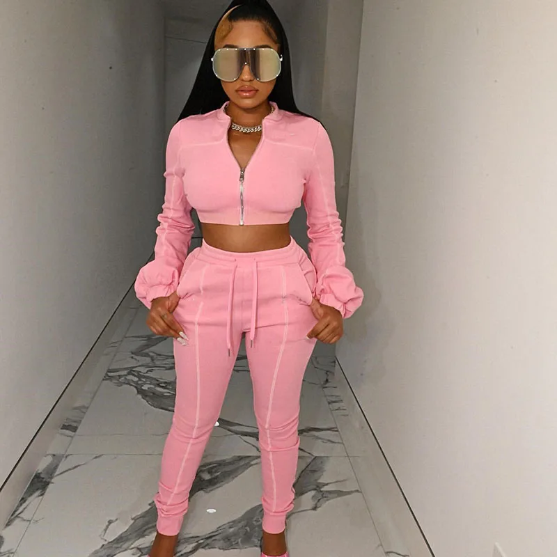 

Casual Sporty 2 Piece Suits for Women Lantern Sleeve Zip Jacket Crop Top and Split Pants Sets Striped Streetwear Fitness Outfits