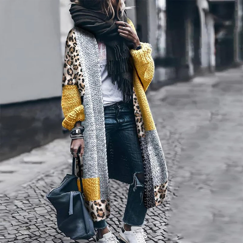 Suéter de punto para mujer, Chaqueta tipo chal costuras y estampado de leopardo, abrigos largos lana para primavera y otoño, a la moda, 5XL| | - AliExpress