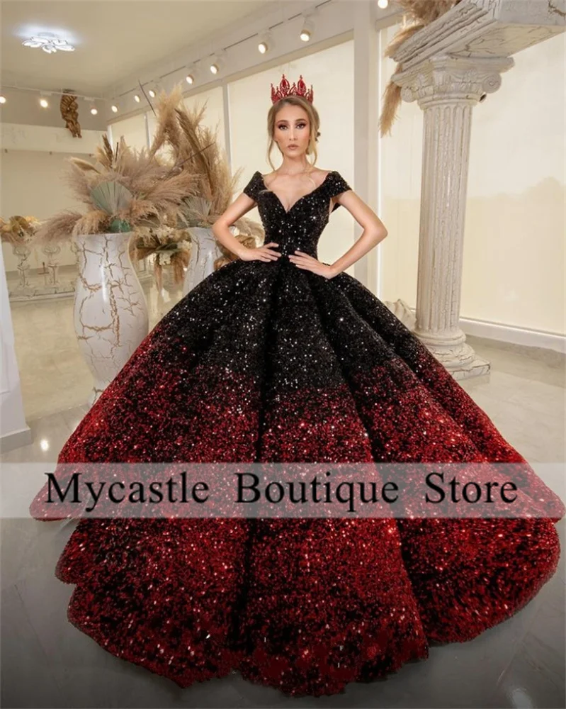 Luxury Strapless Long Sleeve Red Ball Gown Prom Dress Beaded Quincess –  SELINADRESS