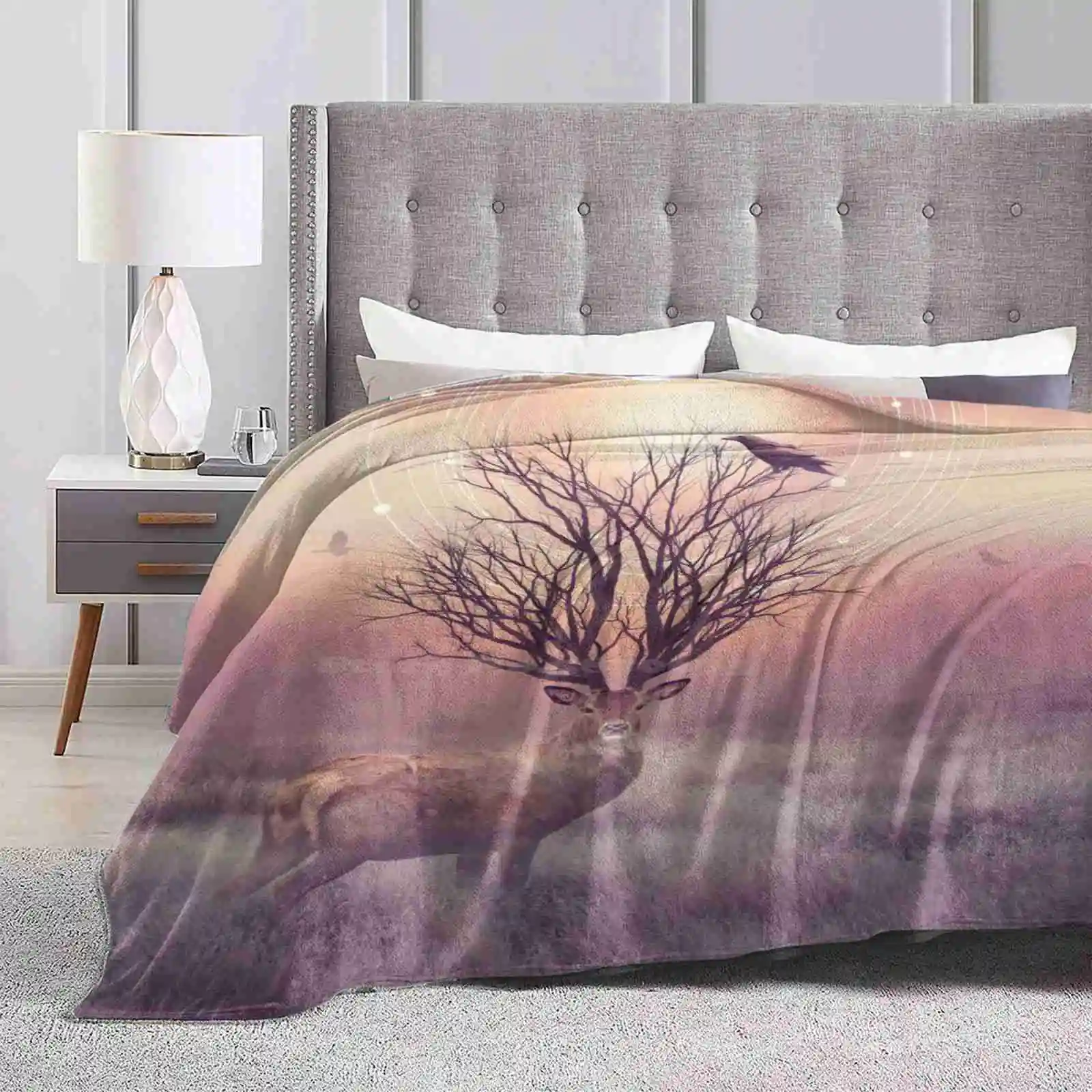 In The Stillness Trend Style Funny Fashion Soft Throw Coperta Cervo Red Deer Crow Raven Blackbird Corvus Stillness Winter Frost
