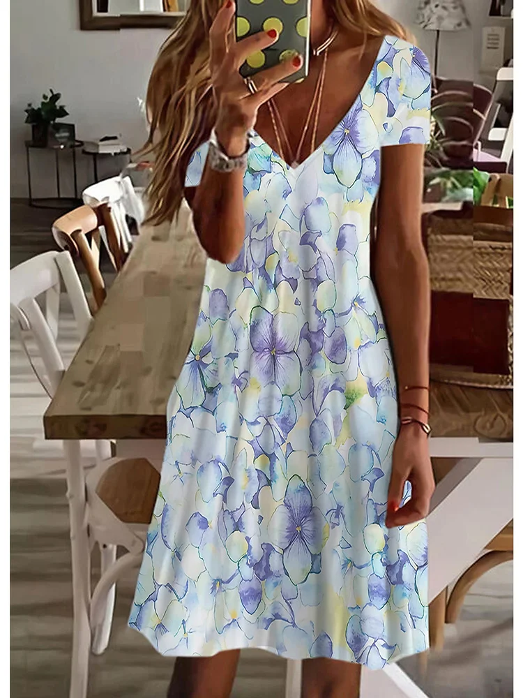 

Women's Casual Dress T Shirt Dress Tee Dress Midi Dress White Short Sleeve Floral Print Summer V Neck Basic Daily 2023