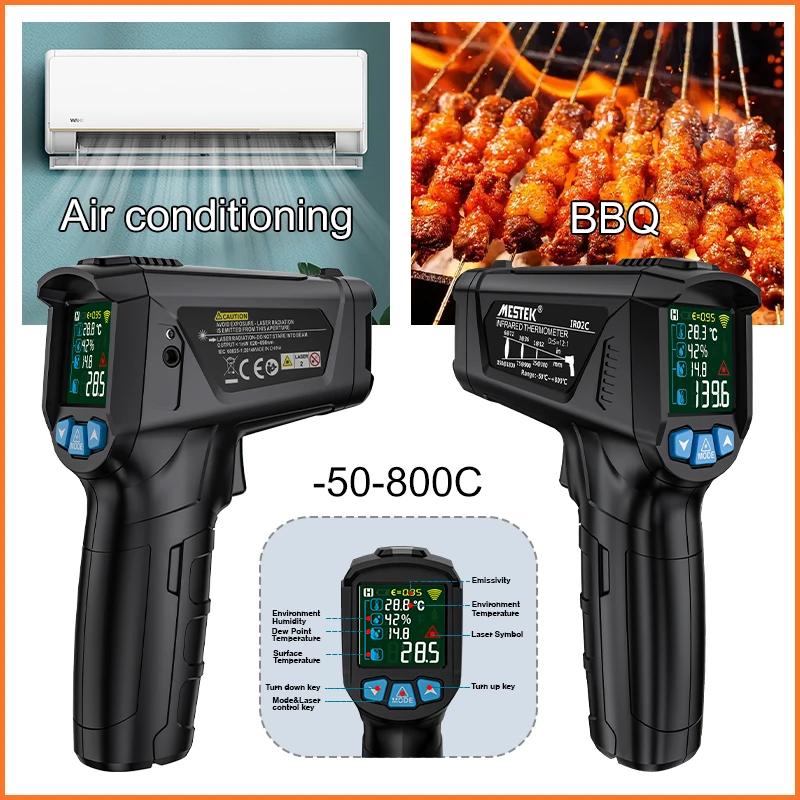 Termometro A Infrarossi MESTEK IR02C – Da -50°C A 800°C, Schermo LCD A Colori, Emissività Regolabile, Sonda K, Misura Umidità E Punto Di Rugiada