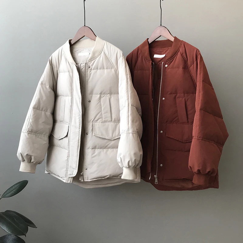 QOERLIN Vintage Zipper Baseball Cotton Puffer Jacket Women Winter New Korean Casual Loose Thicken Warm Coat with Pocket Overcoat