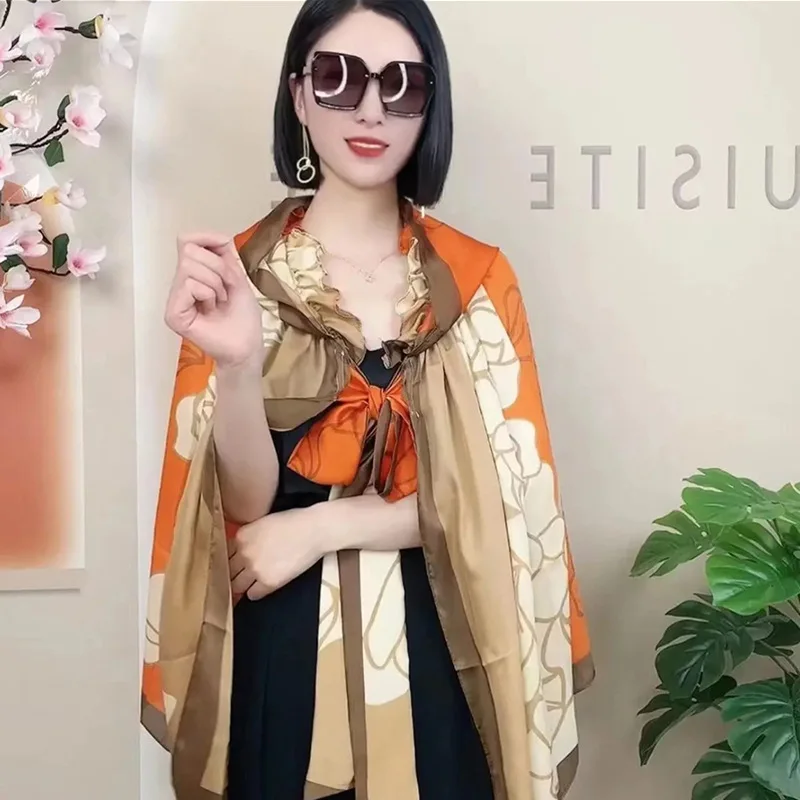 2022 New Lotus Leaf Collar Cape Hooded Shawl Pearl Sunscreen Shade Multi-functional Fashion Baotou Silk Scarf Hat D7 exquisite jacquard arab shawl comfortable headscarf multi functional use for various occasions 449b