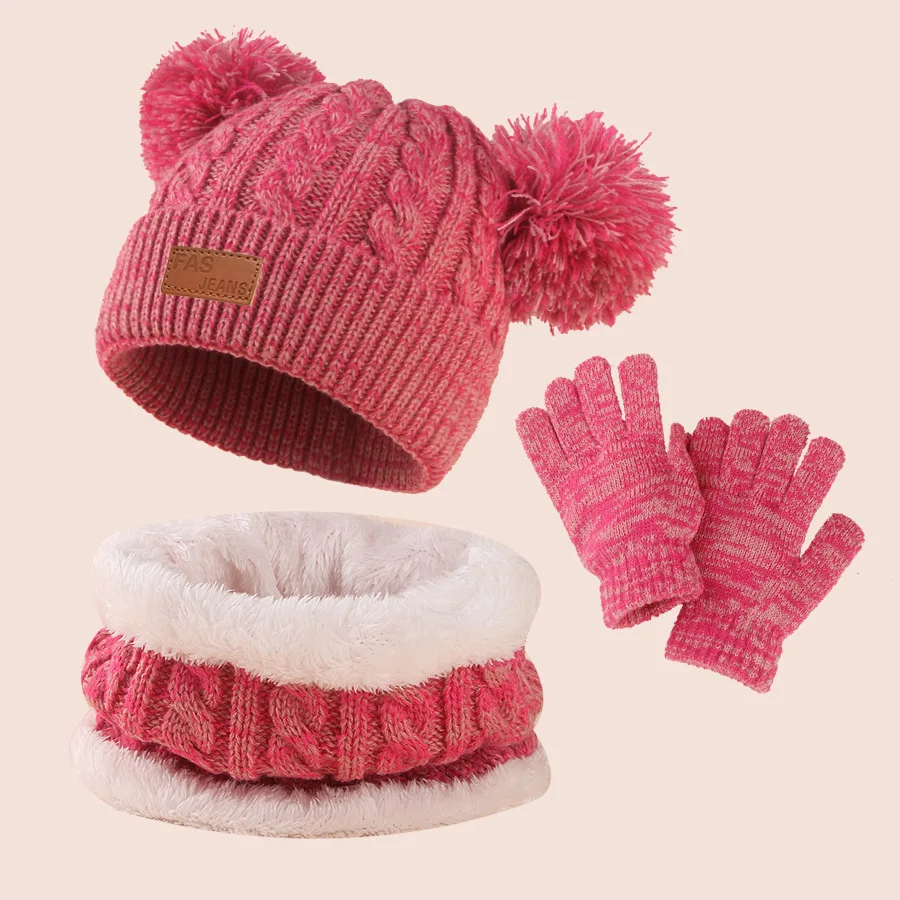 3pcs Winter Hat Sets for Children Beanies Snood Gloves Kids Gilr Boy Winter Cap Short Scarf Cute Big Pompom 2-7 Years