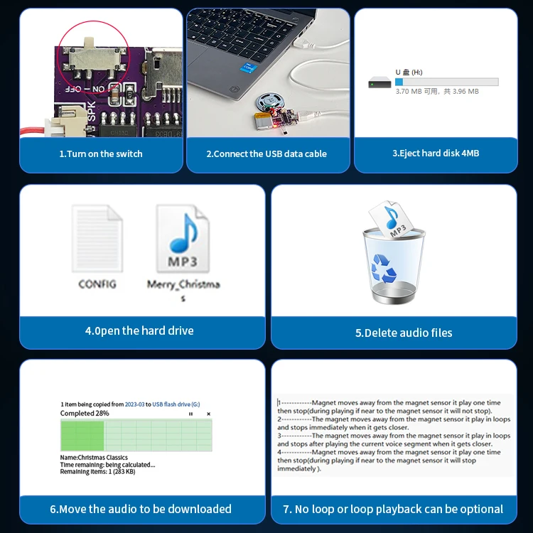 MP3 Voice Music Playback Chips,4/16MB Magnet Control USB Download Sound Module for Christmas Birthday Card Toys Gifts