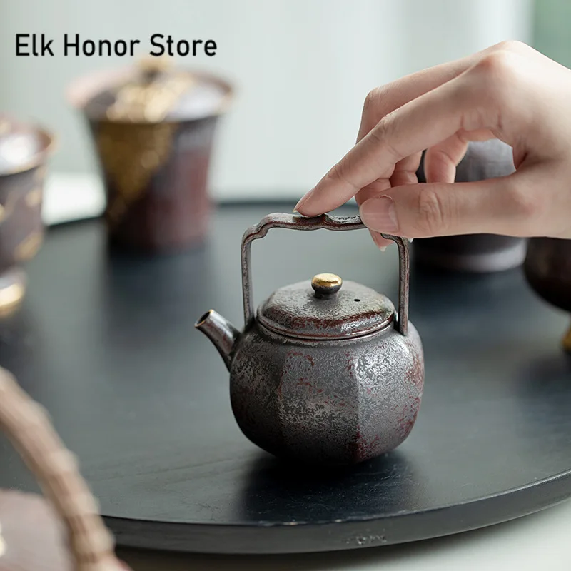 130ml Japanese Old Rock Mud Teapot Retro Rust Red Gold
