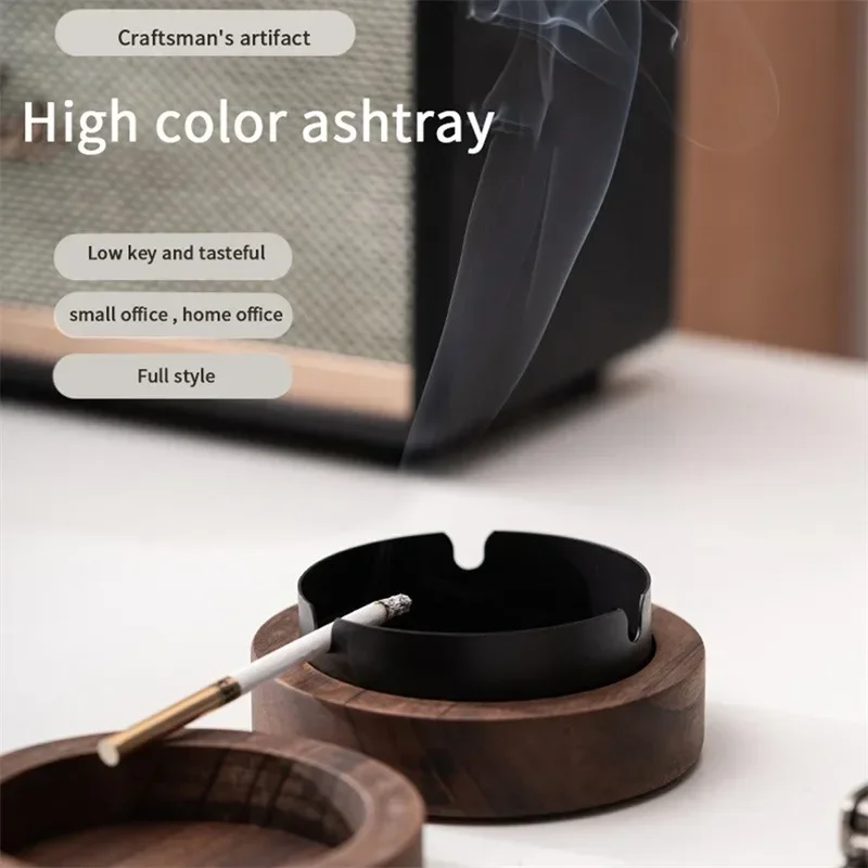 Walnut Wood Ashtrays With Lid Covered Windproof Ashtray Stainless Steel Liner Indoor Outdoor Ash Tray For Home wood ashtray