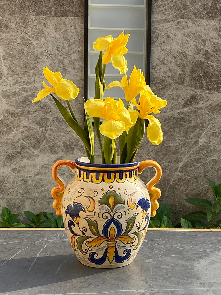 

Vase Ceramic Material Underglaze Home Living Room Dining Side Table Non-Hole Pastoral Style Artificial Flower Home Decoration1Pc