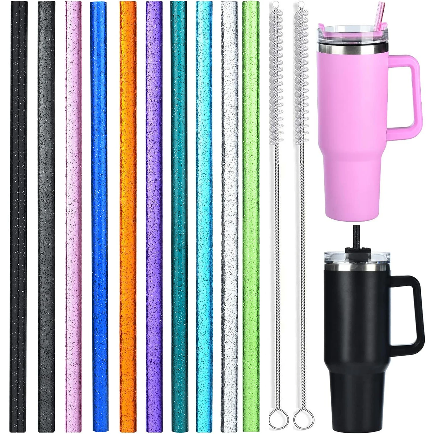 10 Pack Color Replacement Straws for Stanley 40 oz 30 oz Tumbler, 12 in Long Reusable Plastic Glitter Straws for Stanley Cup