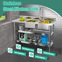 47.2*17.7*31.9 Inch Stainless Steel Kitchen Double Sink with Drawable Hot Cold Water Faucet Separate Sinks with Storage Rack 2