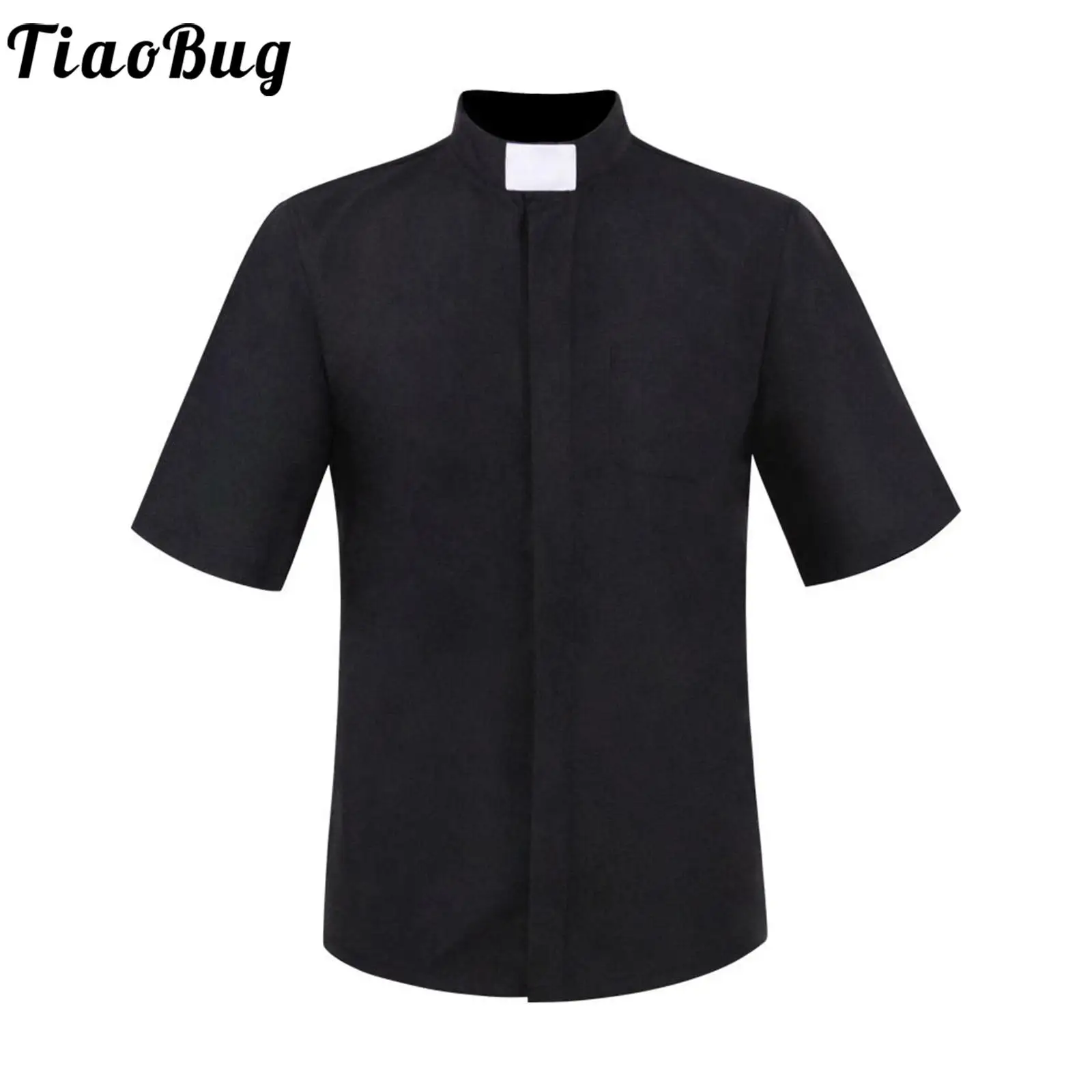 

Halloween Mens Priest Cosplay Shirt Clergy Shirt Church Costumes Black Short Sleeve Contrast Tag T-Shirt Preacher Role Play Top